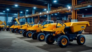 Dumper rental services with a fleet of mini dumpers on construction sites in the UK, showcasing ease of materials handling.