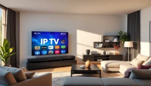 High-quality IPTV streaming on a smart TV, showcasing diverse channels and on-demand content, emphasizing ease of use and modern technology.