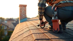 Experienced roofers assessing a home's roof for repairs or installation with tools and safety equipment, ensuring quality work.