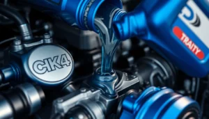 CK4 engine oil pouring into a modern diesel engine for optimal performance and protection.