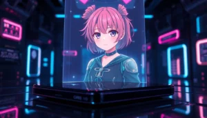 An anime-style AI girlfriend hologram projected on a modern digital device with neon lighting effects.