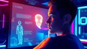 A person interacting with a glowing AI hologram on a digital screen in a dark, neon-lit environment.