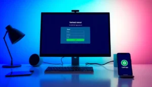 A modern workspace with digital devices showcasing a verified Cash App account interface, emphasizing trust and professionalism.