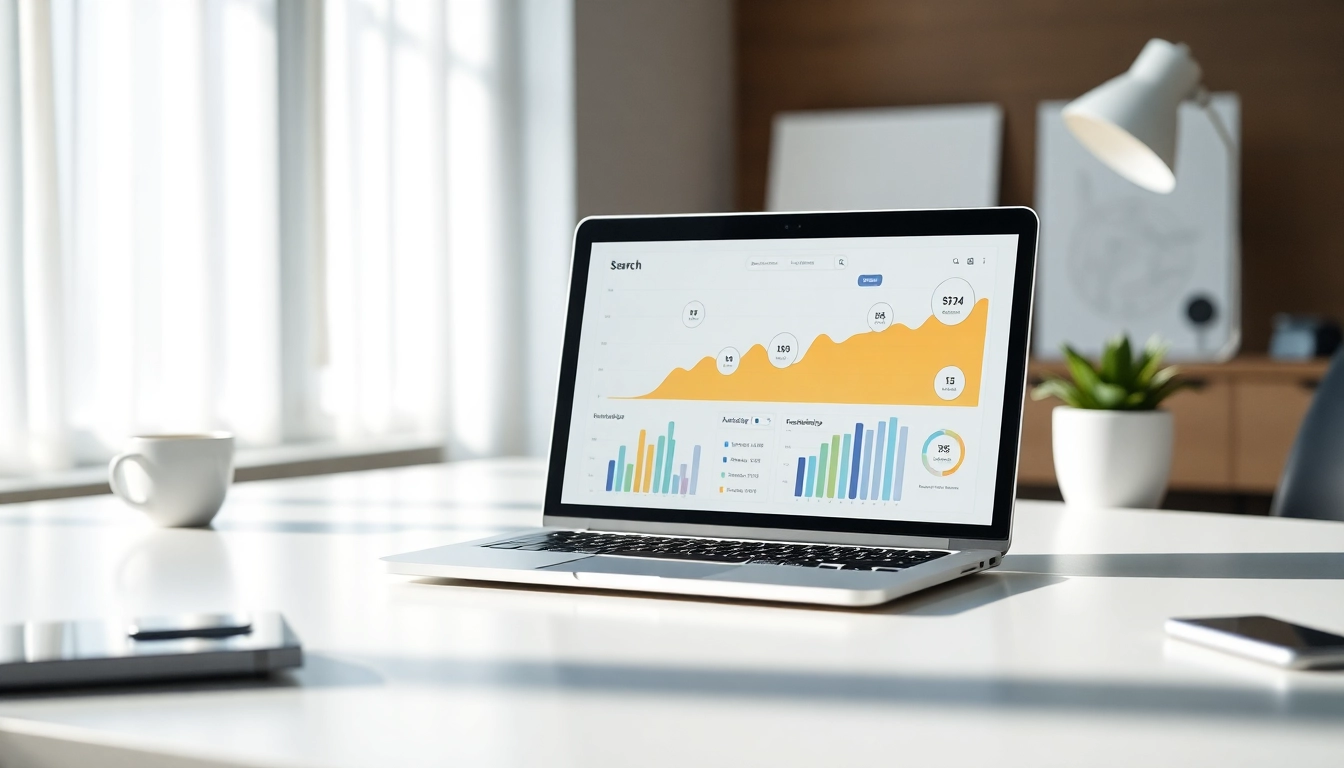 A professional working at a desk with a laptop displaying search analytics, representing a daily Search Blog concept.
