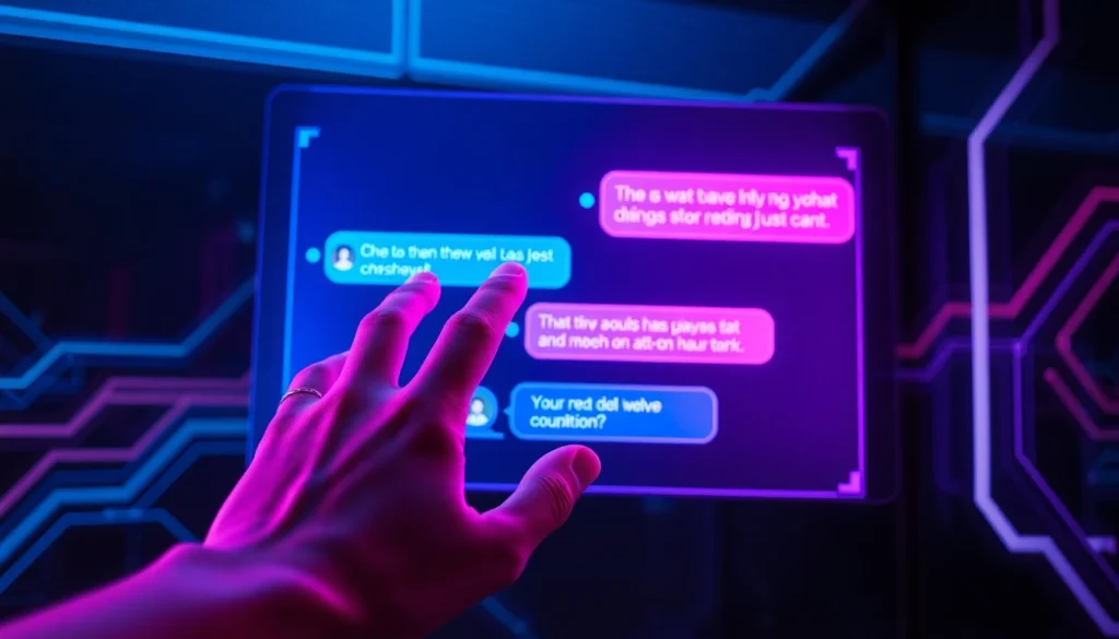 Close-up of a hand interacting with a neon-lit AI chat interface on a futuristic screen, with glowing text bubbles and a dark digital background.