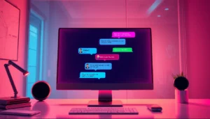 A digital workspace showing an AI chat platform with adult-themed conversations on a sleek screen, illuminated with neon colors and ambient lighting.