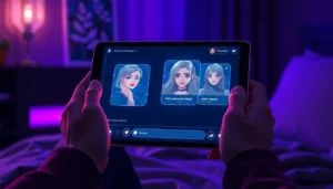 Close-up of a futuristic tablet displaying a seductive AI chat interface with customizable characters in a dimly lit room.