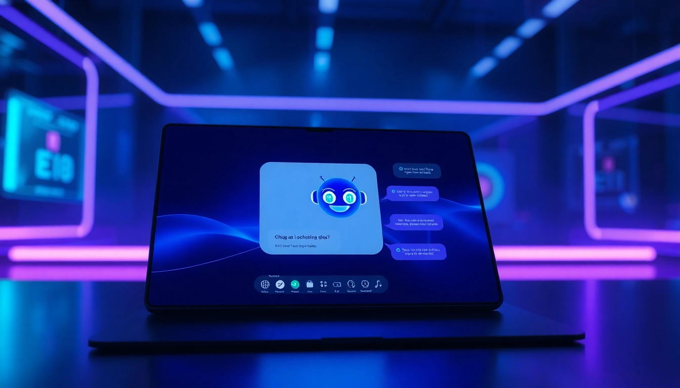 Futuristic AI chatbot interface with a friendly digital character on a glowing screen