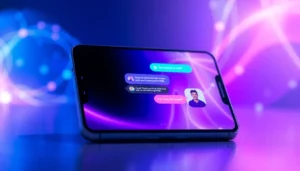 Digital illustration of a futuristic chat interface on a modern device screen with colorful text bubbles and glowing effects, representing AI conversation.
