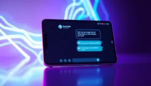 Futuristic digital chat interface on a sleek device with neon glow and customizable AI avatar