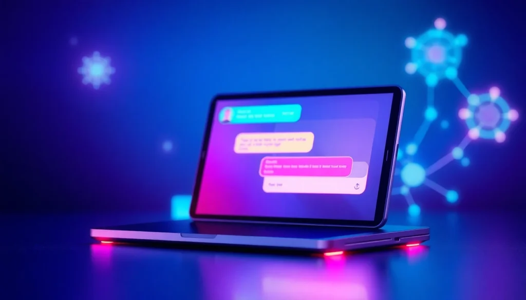 Futuristic digital chat interface with AI characters on a sleek device, surrounded by glowing neural network patterns in a vibrant, high-tech setting.