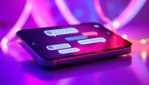 Futuristic digital chat interface with colorful neon hues and engaging AI conversation.