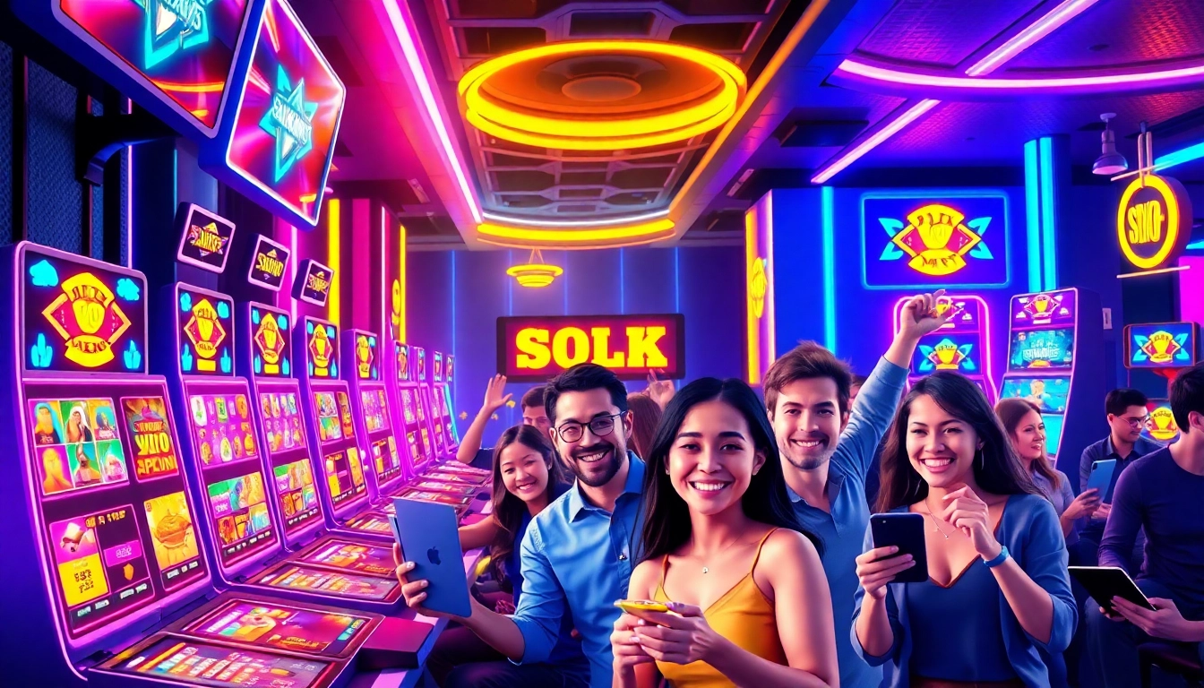 Illustration of a lively online gaming scene with colorful screens and excited players in a vibrant casino environment.