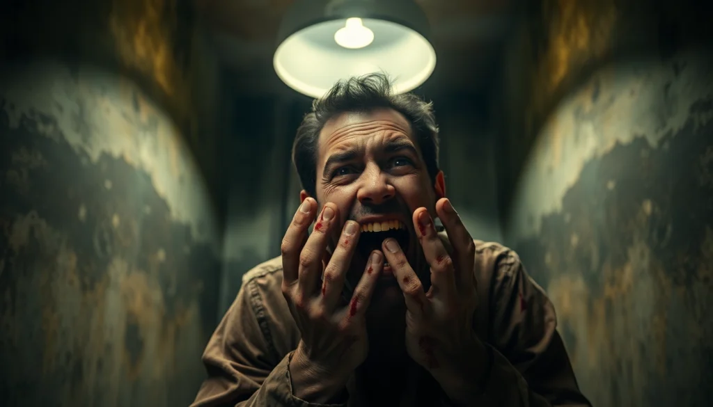 A distressed man named Harvey suffering in a dark, unsettling room, with shadows and blood, capturing the game's disturbing atmosphere.