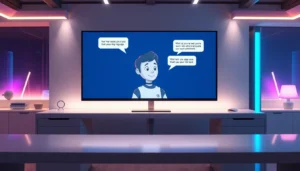 A futuristic digital workspace with an AI character on screen, showcasing advanced technology and user interaction.