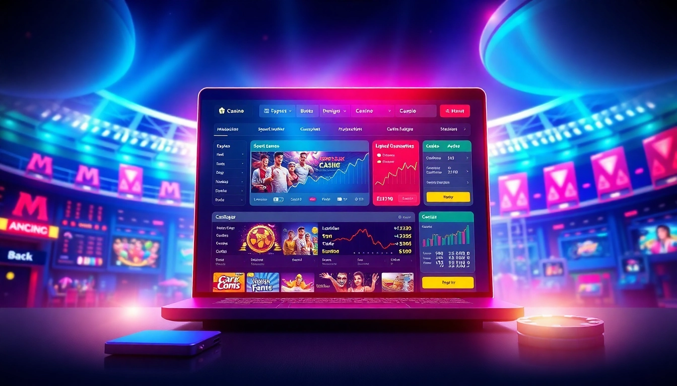 Digital illustration of an online sportsbook and casino platform interface with vibrant lights and sports imagery.