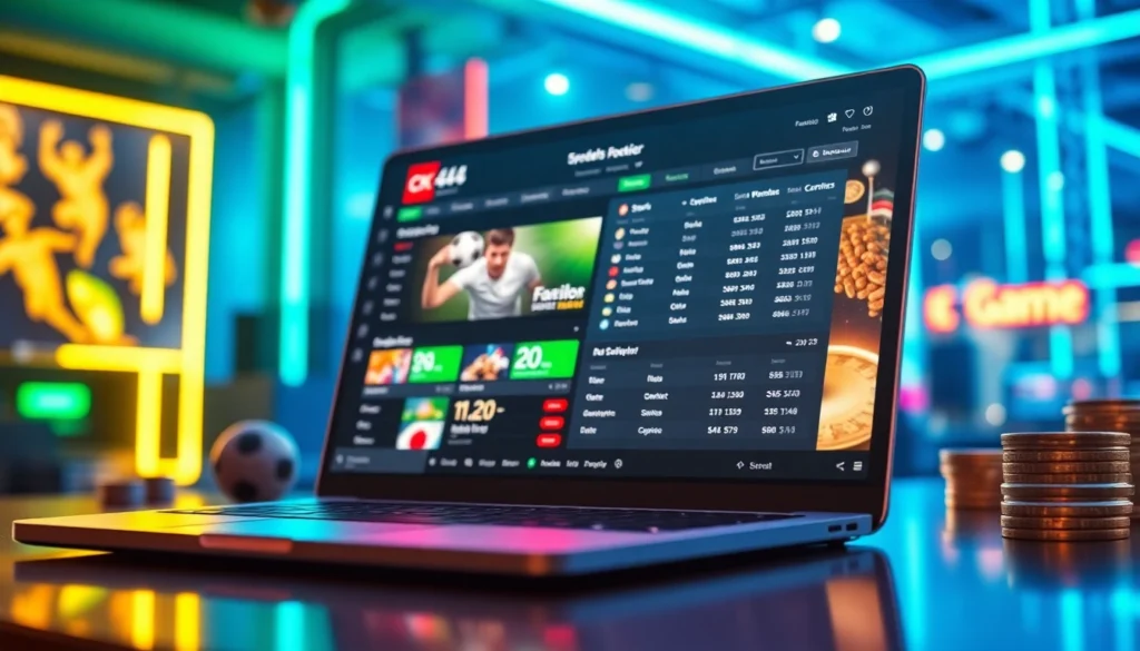 An exciting digital scene of an online sportsbook and casino platform with colorful sports icons and betting odds.