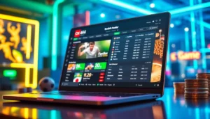 An exciting digital scene of an online sportsbook and casino platform with colorful sports icons and betting odds.