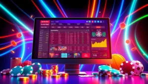 Illustration of an online sportsbook and casino platform interface with vibrant colors and gaming elements.