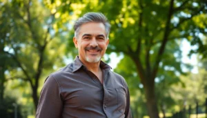 A handsome mature man with salt-and-pepper hair smiling outdoors in a park setting.