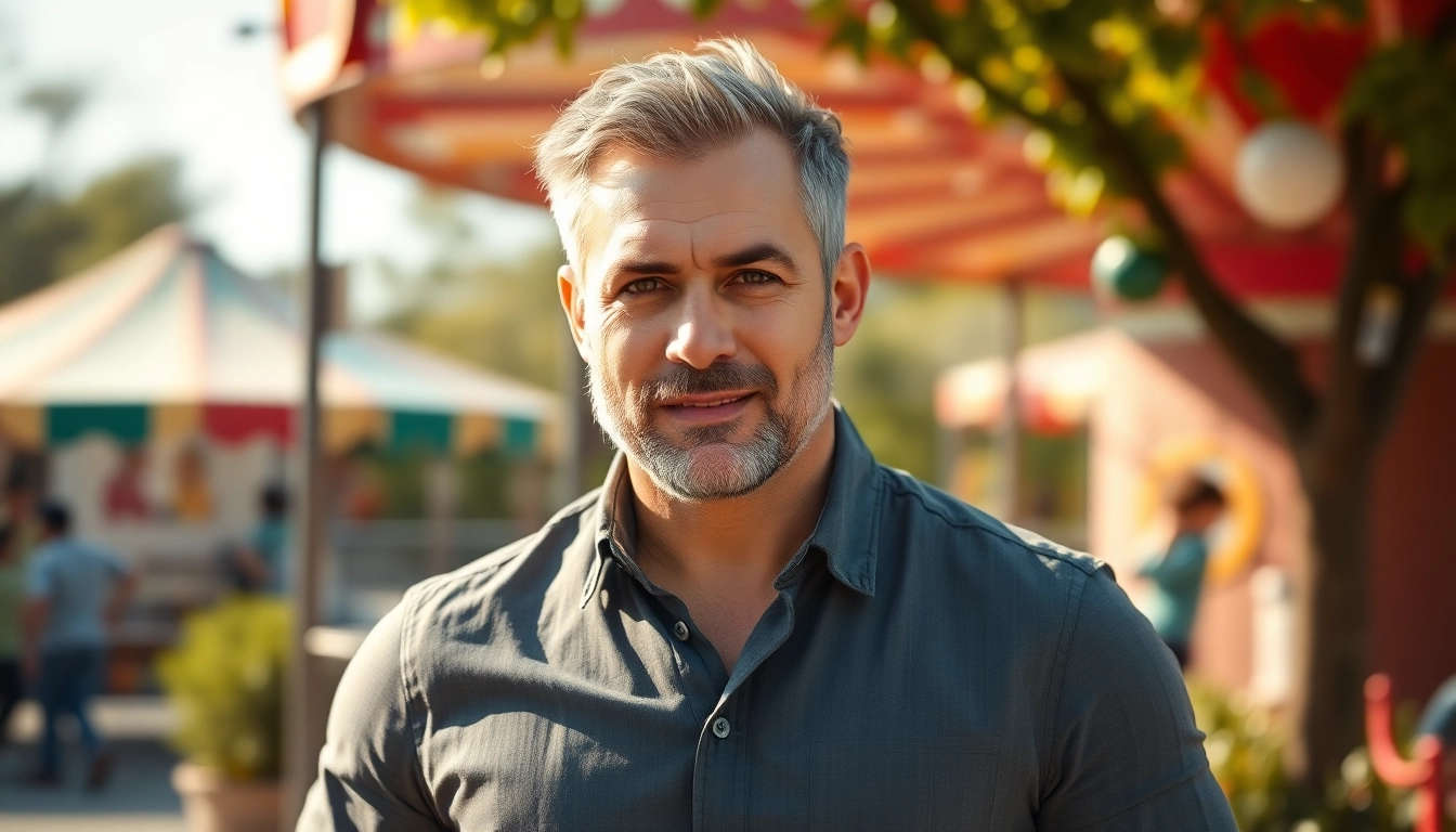 A mature, attractive man outdoors in casual attire, smiling confidently in a park setting.