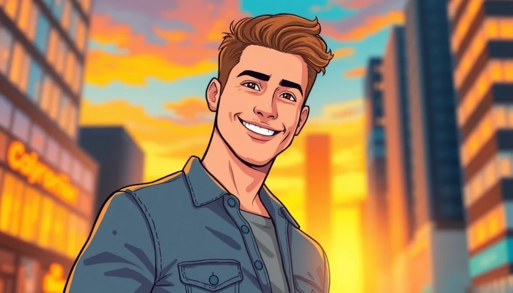 A confident young man smiling in an urban sunset scene with city lights in the background.