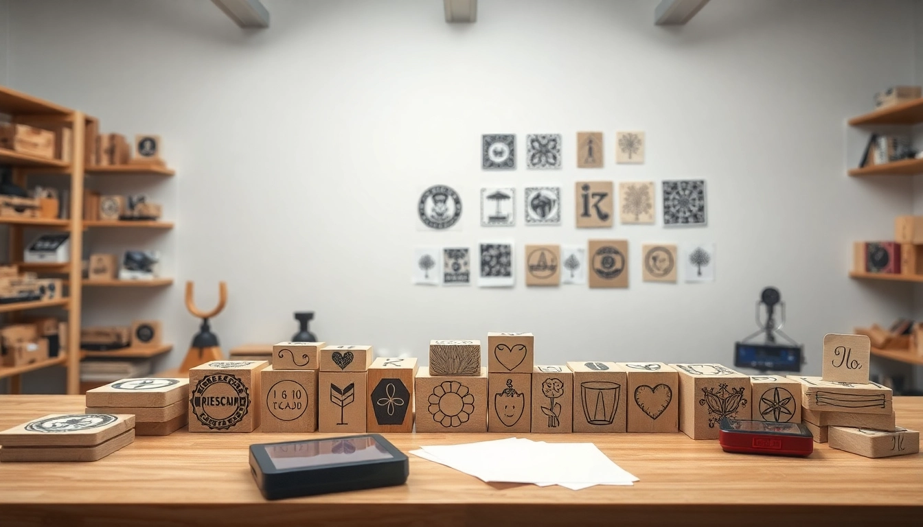 Creating custom pieczątki with various designs and ink, showcasing quality rubber stamp options.