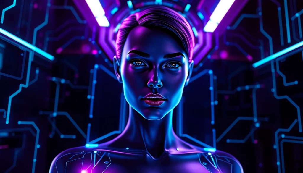 Futuristic AI interface featuring a holographic female character with neon accents and high-tech background.