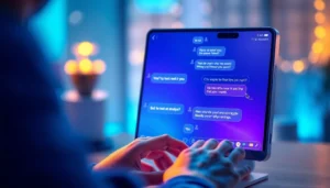 An illustration of a person interacting with a stylish AI chatbot on a smartphone and a desktop, highlighting a digital conversation with glowing chat bubbles in a modern tech setting.