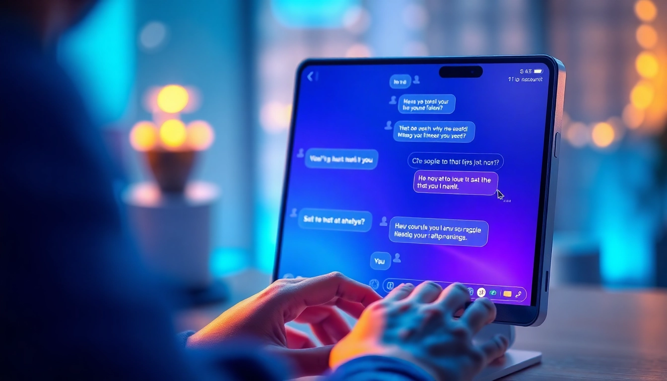 An illustration of a person interacting with a stylish AI chatbot on a smartphone and a desktop, highlighting a digital conversation with glowing chat bubbles in a modern tech setting.