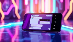 Close-up of a smartphone displaying a friendly AI chatbot conversation with colorful, animated chat bubbles in a futuristic setting.
