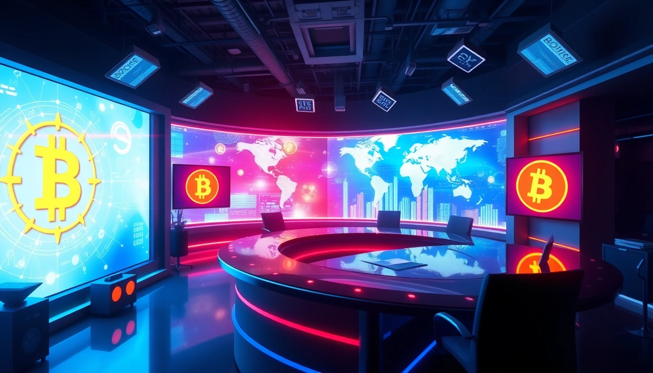 Cryptocurrency news updates showcase blockchain symbols, modern digital newsroom, and financial data analysis.