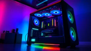 High-performance gaming desktops with vibrant RGB lighting, showcasing advanced hardware for gamers and streamers.