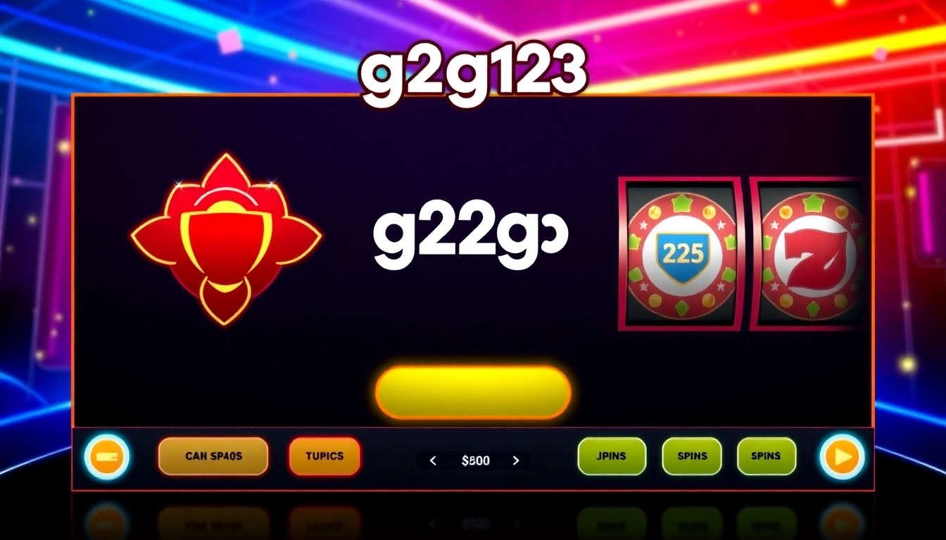 g2g123 slot online casino platform with spinning reels and neon lighting, inviting users to play and win.
