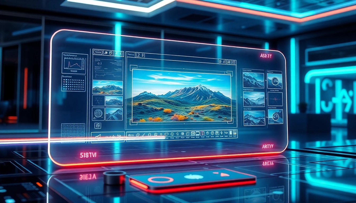 Futuristic AI image editing interface with vibrant landscape being manipulated on holographic screen