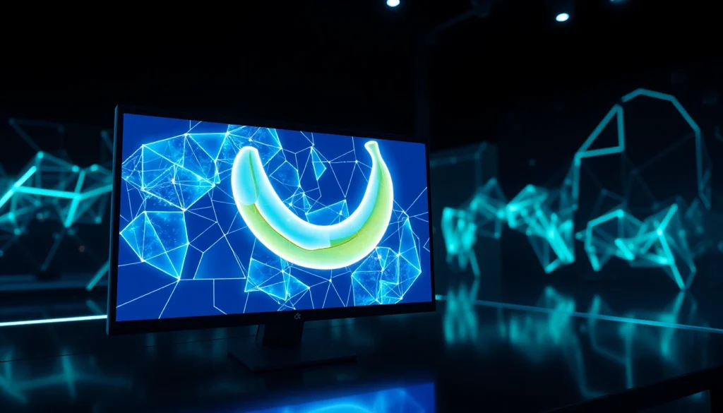 Futuristic digital workspace showcasing AI image editing with vibrant neon lights and complex graphics.
