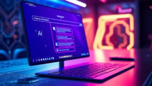 Futuristic AI chatbot interface with vibrant neon colors on a digital screen