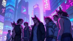 A futuristic cyberpunk scene with diverse characters exhibiting animalistic traits in a neon-lit cityscape