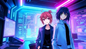 Anime-style characters in a high-tech neon-lit control room with holographic interfaces and digital data streams.