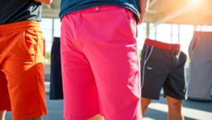 Men's Shorts in vibrant colors and styles, perfect for sports, casual wear, and outdoor activities, styled on models in an active environment for engagement.