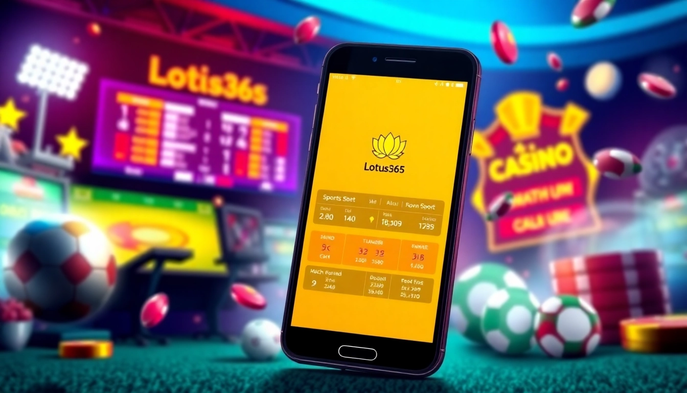 Lotus365 logo on a mobile screen with live cricket scores and casino games, highlighting secure online betting in India for accessibility and trust.