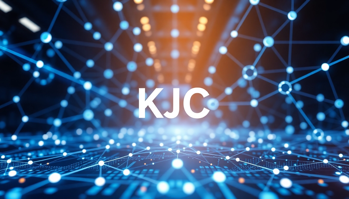 KJC branding in a futuristic digital environment, emphasizing connectivity and innovation, showcasing the company’s role in tech and entertainment solutions.