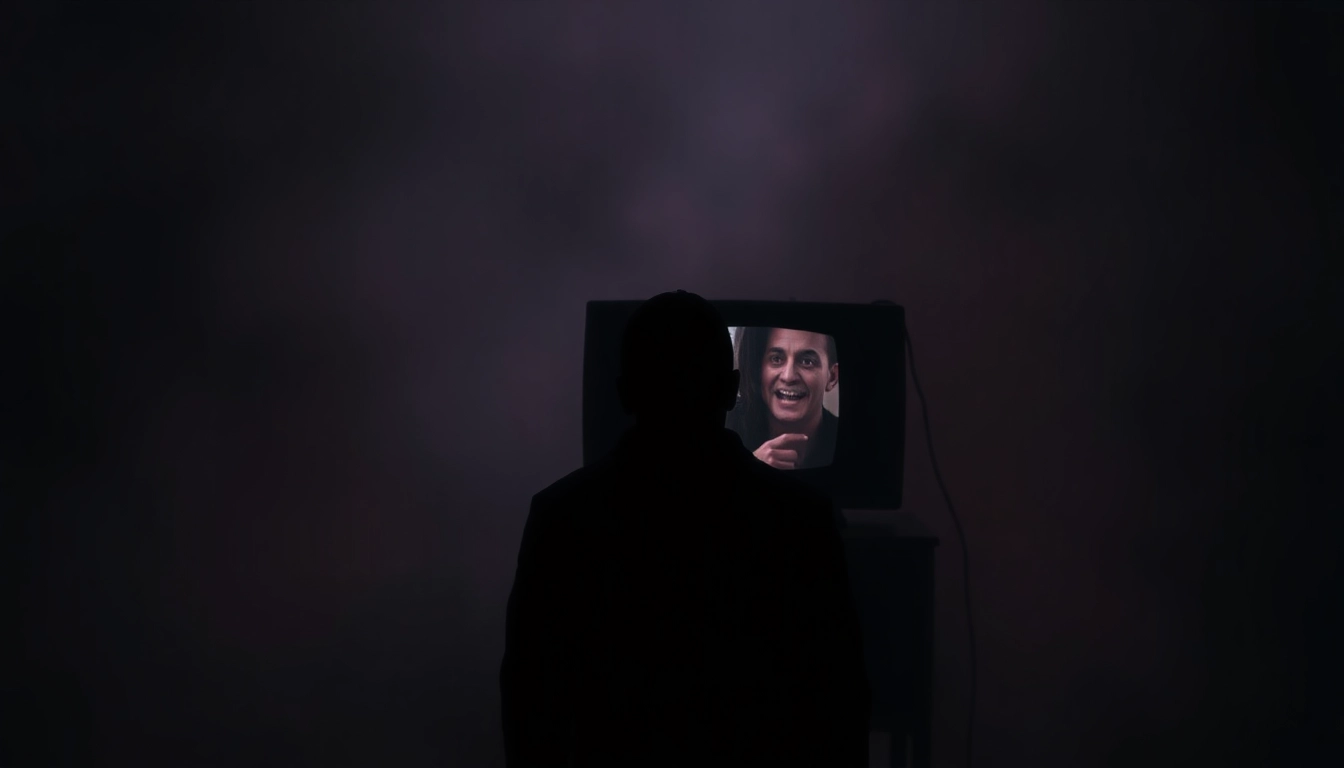 Thrilling horror video scene with a ghostly figure watching a flickering screen, creating an intense, chilling atmosphere for viewers.