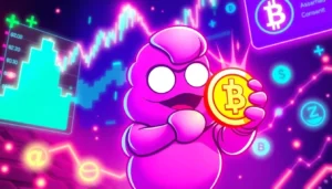 Pepe Meme Coin displayed on a digital screen with rising charts and blockchain icons,