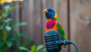 Bird Talk Radio hosts recording show outdoors with vibrant birds and microphone for engaging