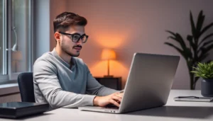 A python freelance developer coding on a laptop in a modern remote workspace, showcasing