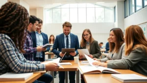 Students reviewing project topics for academic success in a modern classroom setting to guide