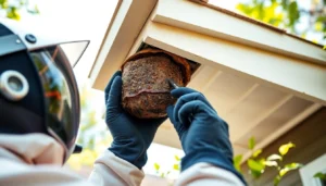 Professionele ongediertebestrijder die een wespennest inspecteert onder de dakrand van een huis.