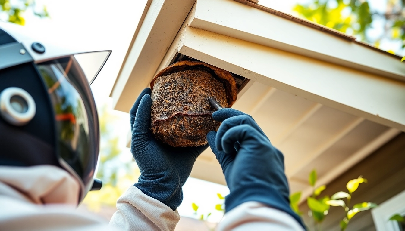 Professionele ongediertebestrijder die een wespennest inspecteert onder de dakrand van een huis.