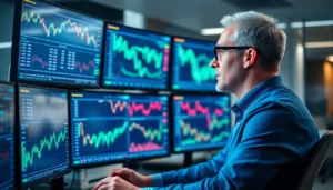Trading and Investment News analyst monitoring stock charts and market data in a modern office